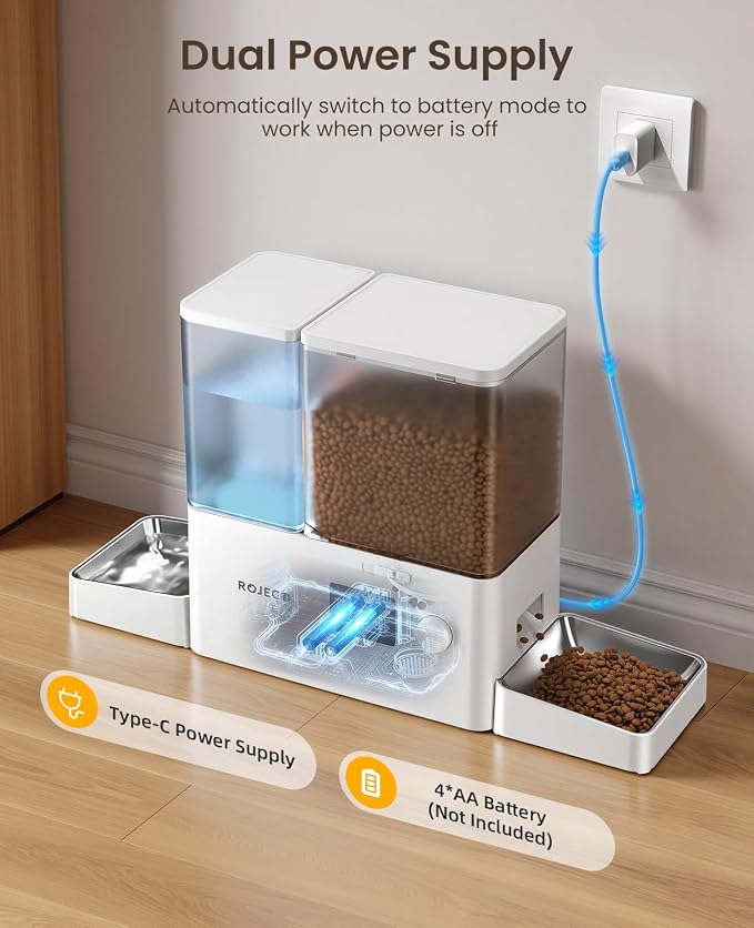 2-in-1 Automatic Cat Feeder & Water Dispenser,WiFi Control Feeding | 2.4G WiFi APP/Timed Feeding/5L Food Feeder,3.5L Water Fountain/Stainless Steel Bowls/Detachable Clean/White