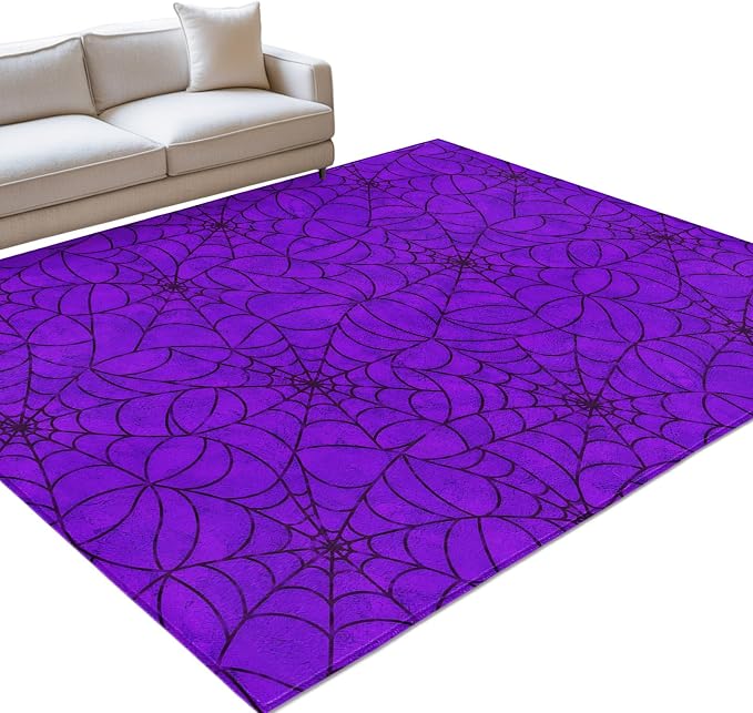 Area Rug 3'x5', Purple Halloween Washable Large Area Rugs for Kitchen Bedroom Laundry Bathroom Office, Black Spiders Net Classic Gingham Non Slip Door Mat Indoor Entryway Floor Accent Throw Carpet