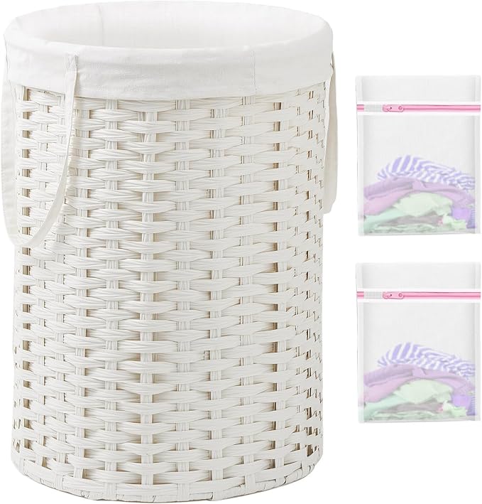SETVSON Laundry Basket Round Rattan Laundry Hamper 29.1 Gal(110 L) Handwoven Large Wicker Basket with Handles, Wicker Hamper with Removable Bags and 2 Mesh Bags for Bathroom Living Room White(No Lid)