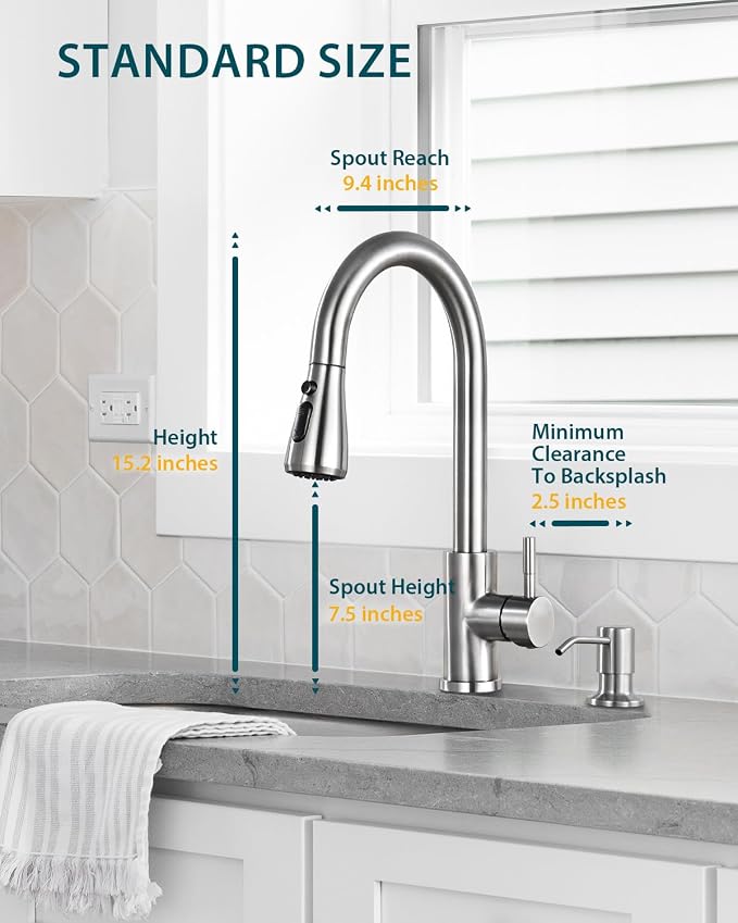 Kitchen Faucet with Soap Dispenser, Hiqufet Brushed Nickel Kitchen Faucet with Pull Down Sprayer, 3 Mode High Arc Single Handle RV Bar Sink Faucets for Pot Filler, Farmhouse Camper Bar Laundry Room
