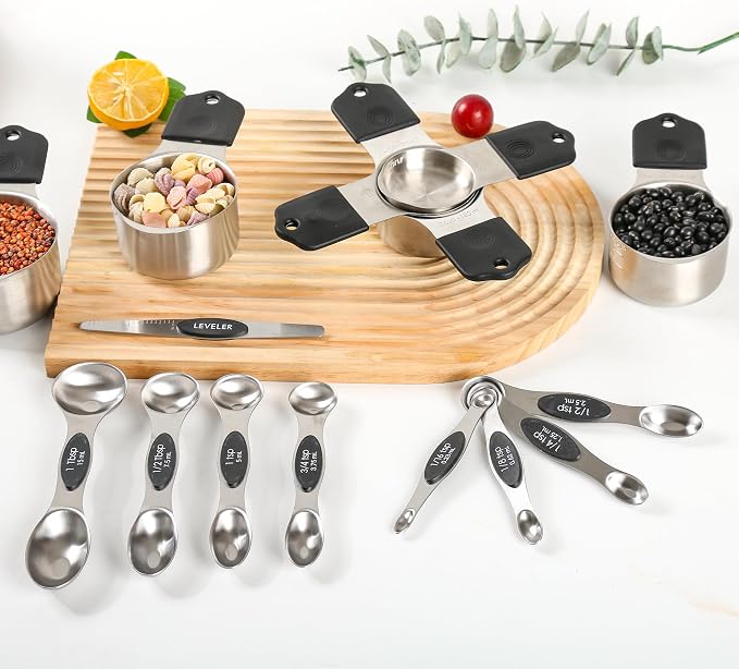 Magnetic Measuring Cups and Spoons Set 16, Metric & US Stainless Steel Measuring Cups and Spoons Set for Dry & Liquid, Metal Measure Cups & Spoons & Leveler for Kitchen&Baking, Black