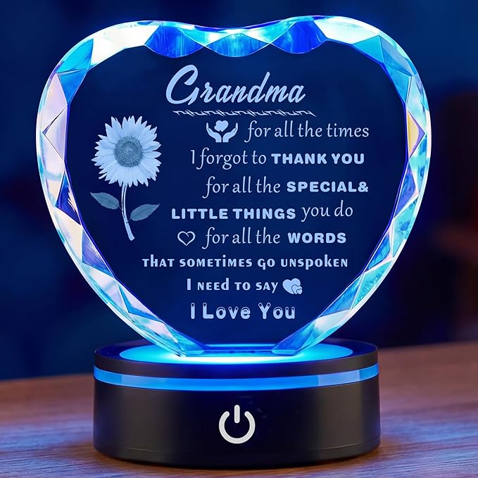 Gifts for Grandma with Colorful LED Base, Meaningful Heart Crystal Grandma Birthday Gifts, Great Gift Ideas for Grandmother on Mothers Day Thanksgiving from Granddaughter or Grandson