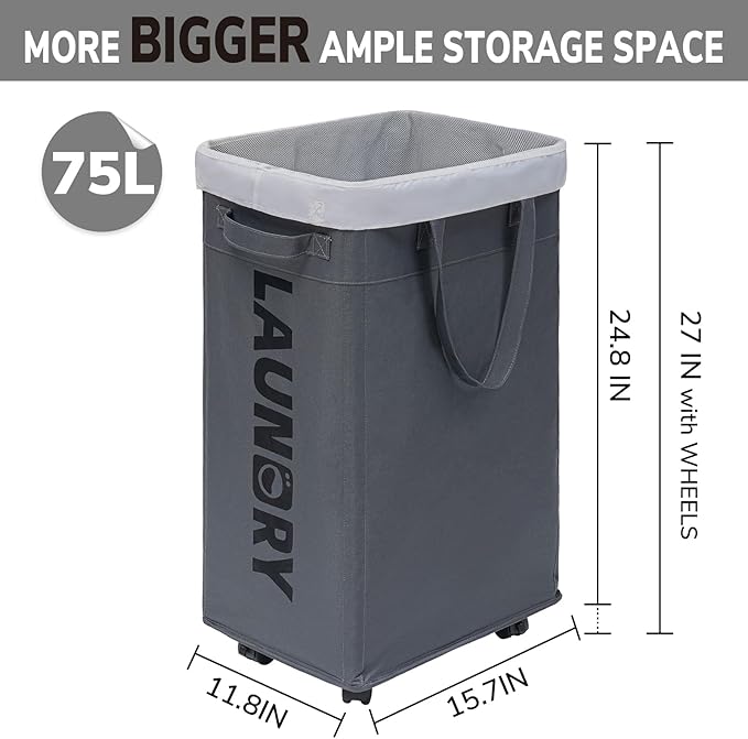 Goodpick Laundry Basket with Wheels, Laundry Hamper with Removable Wash Bag, Clothes Hamper, Rolling Laundry Basket, Dorm Room Essentials, 75L, Grey