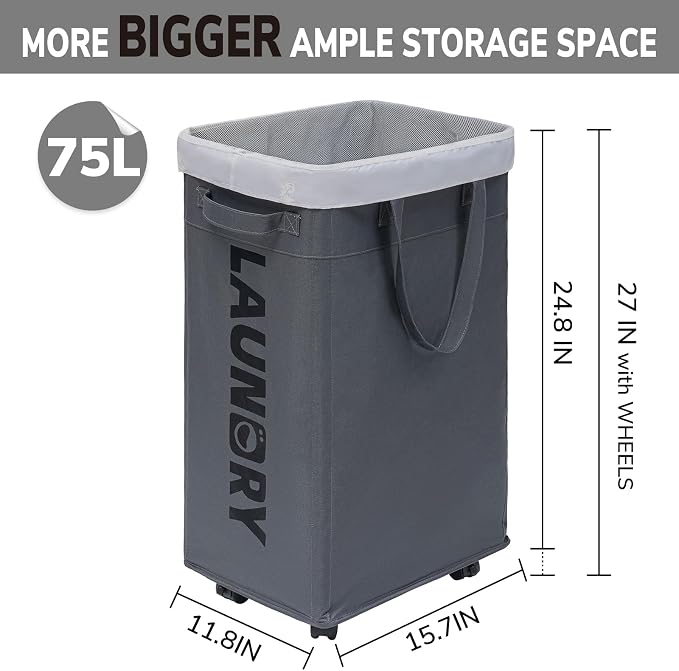 Goodpick Hamper with Wheels, 2-Pack 75L Foldable Laundry Baskets with Removable Wash Bags, Dirty Laundry Basket for Corner Dorm,Grey