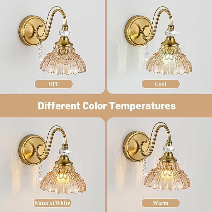 1 Piece Vintage Wall Sconce, 1-Light Brushed Gold Finish Wall Sconce with Hanging Crystal Accents and Flower-Shaped Amber Shades for Bathroom Bedroom Living Room,Vintage Vanity Light