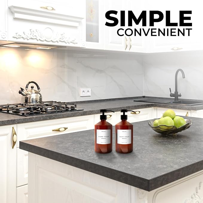 Luxury Glass Soap Dispenser Set of 2 - Elegant Amber Bottles with Matte Black Pumps, Ideal for Kitchen and Bathrooms, Perfect Glass Pump for Modern Homes.
