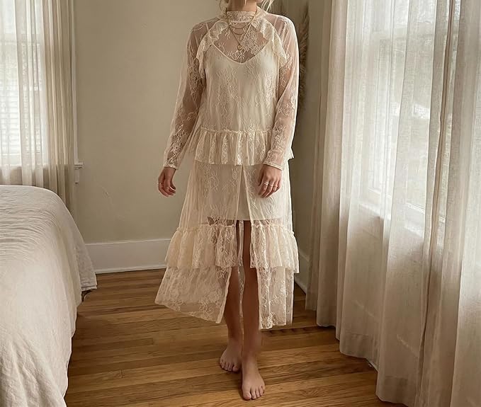Women Sheer Long Sleeve Lace Duster Robe See Thru Mesh Short Front Long Back Casual Flowy Top Asymmetrical Coverup
