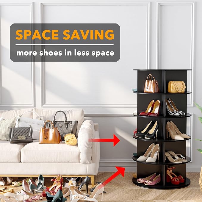 SpaceAid 5 Tier Rotating Shoe Rack Tower, Spinning Shoe Display Lazy Susan, Revolving 360 Shoe Rack Storage Round Carousel, Vertical Handbag Rotate Shoes Closet Organization (5-Tier Black)