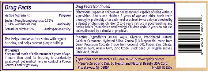 SprinJene Natural Sensitivity Relief Toothpaste – Fluoride Toothpaste for Sensitive Teeth & Cavity Protection – SLS Free with Patented Black Seed Oil & Zinc – Made in the USA (4 Pack)