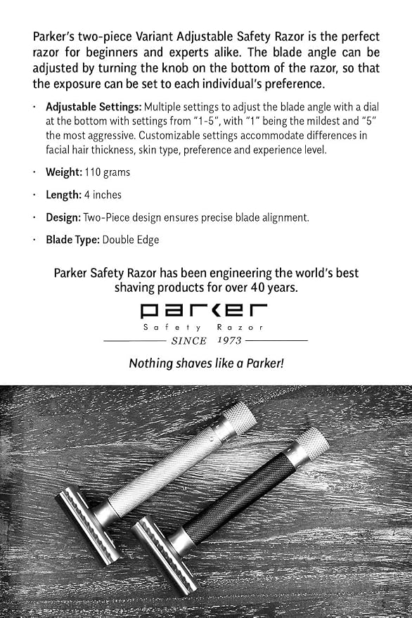 Parker Variant Adjustable Double Edge Safety Razor, Black and Gold | Solid Brass Two-Piece Razor Offers Five Adjustable Settings, Heavyweight Balance And A Distinctive Black-And-Gold Finish.