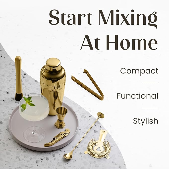 Mixology & Craft Cocktail Shaker Set with Bamboo Stand - Professional 10-Piece Bartender Kit, Complete Bar Set for Home Use with Jigger, Muddler, Strainer, Spoon, Pourers & Corkscrew (Gold)