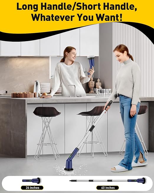 Shower Scrubber with Long Handle, Bathroom Cleaner Brush with 8 Brush Heads, Cordless Electric Spin Scrubber for Cleaning with 2 Speed, Cleaning Supplies for Bathtub Kitchen Floor Navy