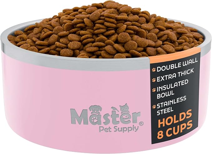 Master Pet Supply Stainless Steel Dog Bowls - 64 oz, Heavy Duty - Rose Quartz, Double Wall Extra-Thick Insulated, Non-Slip Pet Water Bowl for Dogs, Cats & Pets, Anti Rust Metal, Dish Washer Safe