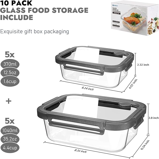 10-Pack Glass Food Storage Containers with Tempered Glass Lids – Borosilicate, Airtight, Oven-Safe (-4°F~950°F), BPA-Free, 4.4 & 1.6 Cup, Leak-Proof, Dishwasher Safe (Gray)