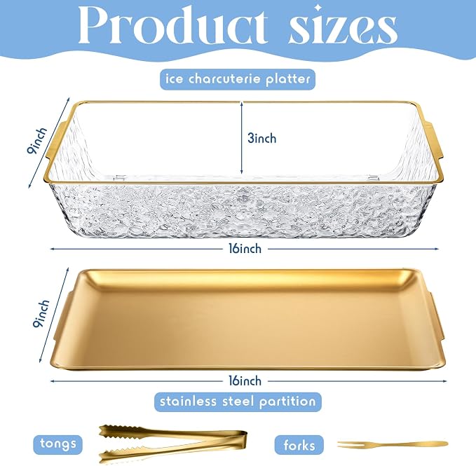 2 Set 16 x 9.45 Chilled Serving Tray for Parties with Compartments Ice Chilled Party Platter Charcuterie Serving Board with Forks Tongs for Fruit Seafood Vegetable Appetizer (Gold)