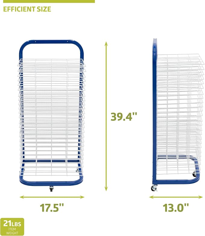 Pearington 25-Shelf Mobile/Wall Mountable Art Drying Rack for Art Studios & Classrooms, 13" D x 17.5" W x 39.4" H, Blue/White