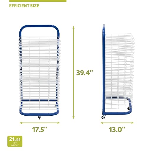 Pearington 25-Shelf Mobile/Wall Mountable Art Drying Rack for Art Studios & Classrooms, 13" D x 17.5" W x 39.4" H, Blue/White, 2-Pack