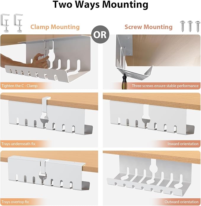 Syeeiex Under Desk Cable Management Tray, 34" Total Length (17"×2 Set), No-Drill C-Clamp & Screw Mount, Heavy Duty Metal Cord Organizer with 10 PCS Cable Ties, for Office Home Workspace, White, 2-Pack
