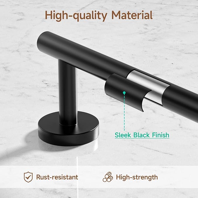 USHOWER Matte Black Bathroom Hardware Set, Modern 24-Inch Towel Bar Set Wall Mounted, Durable SUS304 Stainless Steel Bathroom Accessories Set, 8-Piece
