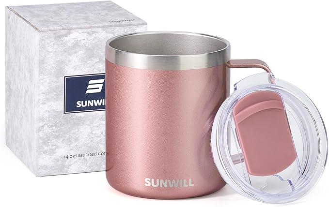 SUNWILL Travel Coffee Mug with Lid, Insulated Tumbler with Handle, 14 oz Stainless Steel Cup for Ice, Water, Tea, Rose Gold