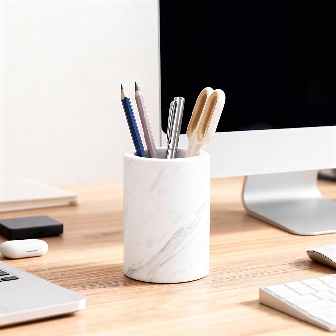 Natural Marble Pen Holder for Desk, Handcrafted Volakas Sturdy Desk Organizer for Office Supplies Storage Desktop Stationary Makeup Brushes Cup Pencil Holders for Home White (DL002)