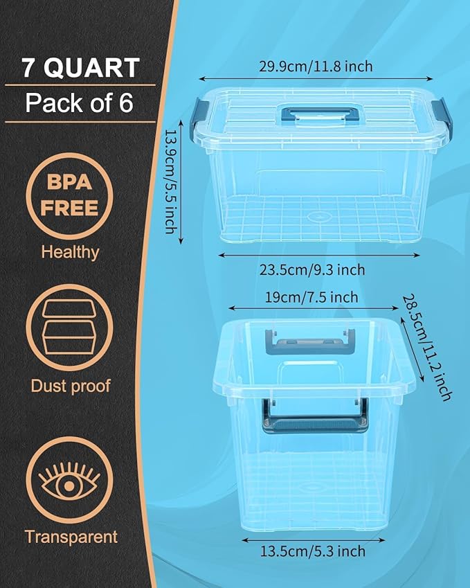 NUMIFUN Plastic Storage Bins with Lids 6 Pack, 7 Quart Storage Containers with Black Buckle Latch, Stackable Storage Containers for Home Pantry Office Classroom Organization, White