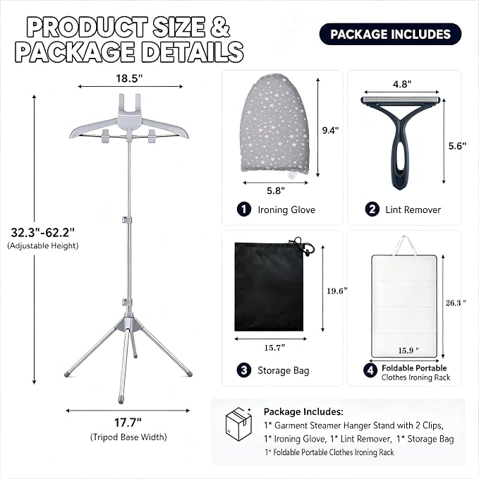 Foldable Steamer Stand – Adjustable Clothes Hanger Rack for Travel | Foldable Steamer Stand with Ironing Gloves, Lint Remover, Storage Bag & Portable Ironing Board – Ideal for home & travel.