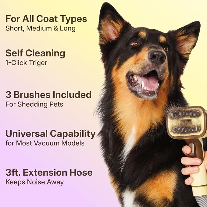 GROOMI Vacuum Pet Brush Kit – 3‑in‑1 Dog & Cat Grooming Tool, Self‑Cleaning Deshedding Brush & Pet Hair Remover, Universal Vacuum Attachment Including Dyson, Short, Medium & Long Fur, All Breeds