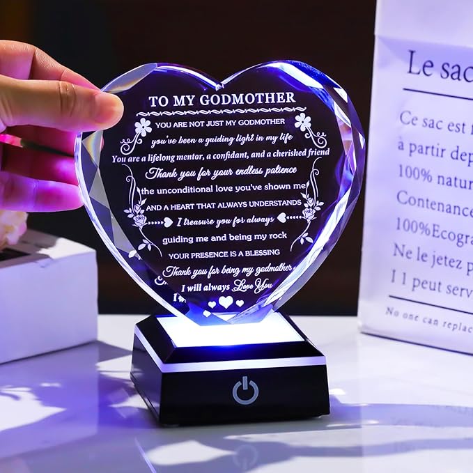 Arikyrist Godmother Gift from Godchild with Colorful LED Base Heart Crystal Gifts for Godmother on Birthday Christmas Mothers Day Thanksgiving from Goddaughter Godson