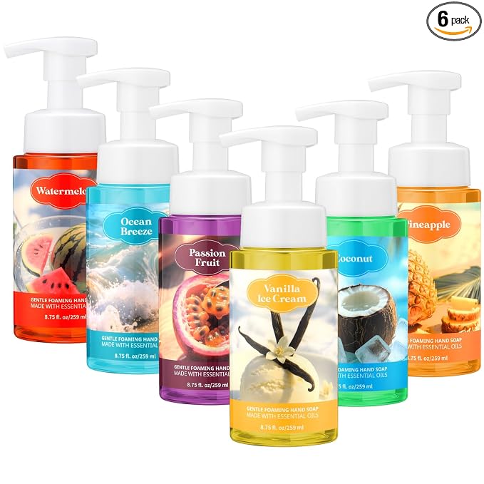 6 Pack Summer Foaming Hand Soap with Pump Care Moisturizing Liquid Scented Gentle Foam Hand Wash Employee Thank You Gift Bulk for Kitchen Bathroom Family Teacher Staff Doctor 8.75 Fl. oz
