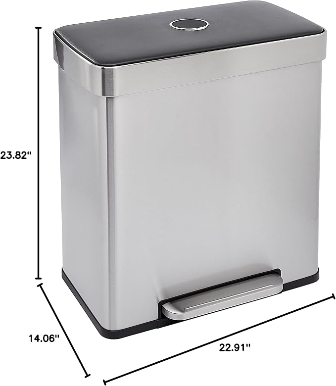 Amazon Basics Dual Compartment Recycling Trash Can with Soft-Close Lid, Fingerprint Resistant, Removable Liner Buckets, 60 Liters, Rectangular, Grey, Silver