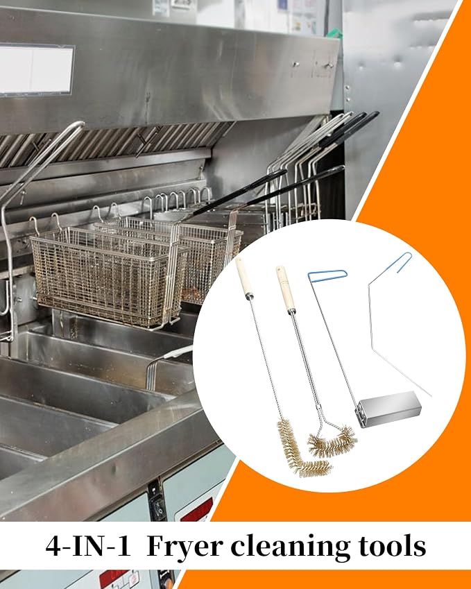 4-in-1 Fryer Cleaning Tools, Applies to Commercial Kitchen, Fryer, Drain | Include L Shaped Fryer Cleaning Brush, Deep Fryer Crumb Scoop, Long Handle Deep Cleaning Brush, Deep Fryer Cleanout Rod
