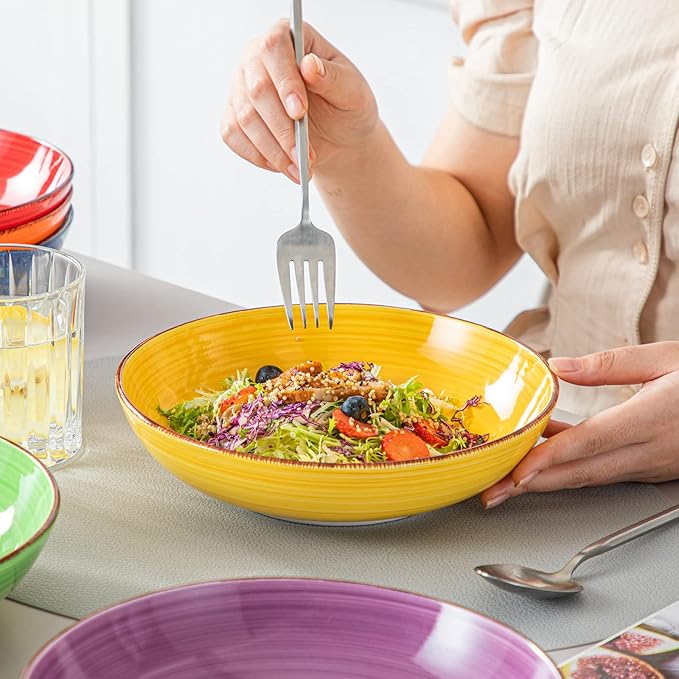 vancasso Bonita Pasta Bowls Set of 6, 38 oz Shallow Ceramic Bowls for Pasta, Salad, Soup & More - Microwave, Dishwasher & Oven Safe - Assorted Colors