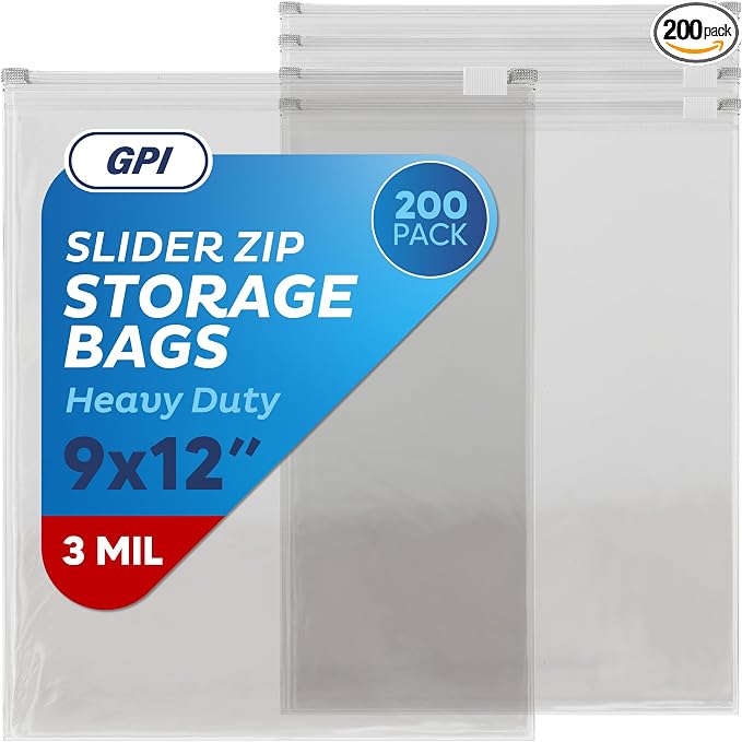 GPI - Slider Zip Food Storage Bags, 9" x 12" 3 Mil Heavy Duty, Strong & Durable For Freezer Storage, 200 Count