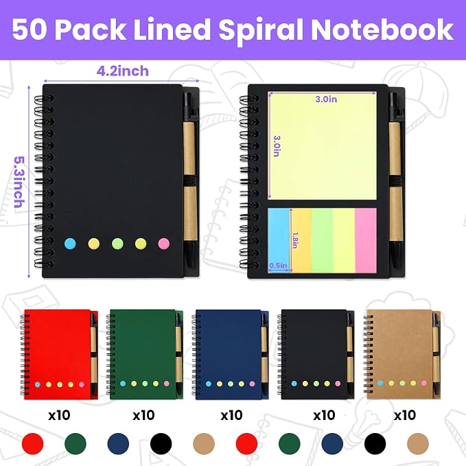 50 Pack Spiral Pocket Notebook with Pen, 4.2x5.25 Inch Lined Journals Bulk Small Notebooks and Pen Set, Spiral Notepad Sticky Notes for Business Office School, 5 Colors, 60 Sheets/120 Pages