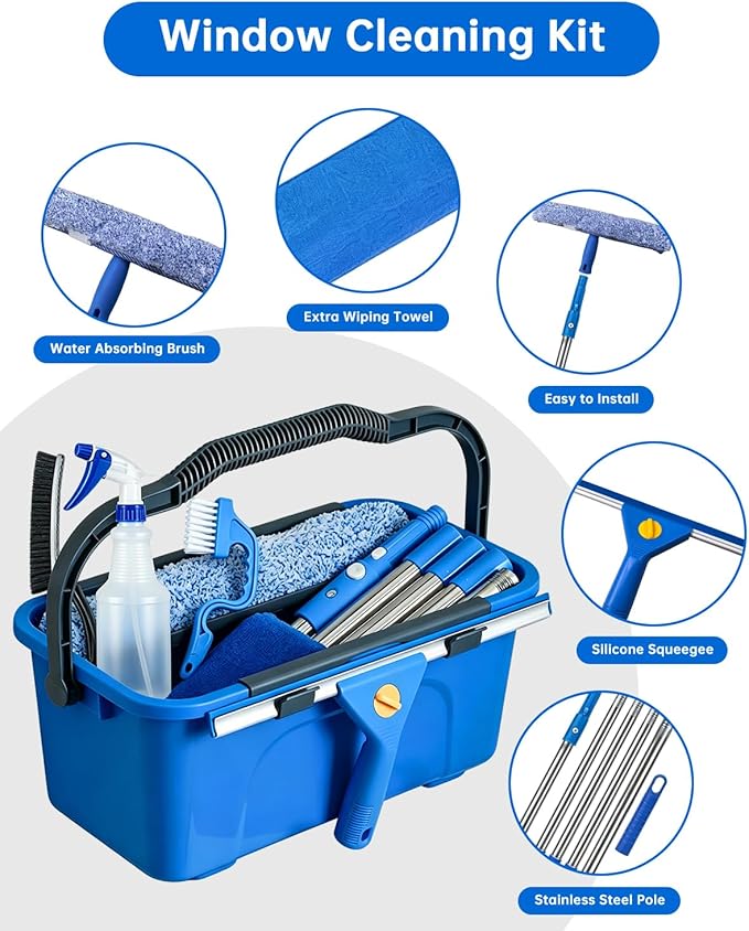 Window Cleaning Kit with Storage Bucket, Squeegee Cleaner Tool with Extension Pole, Glass Cleaning Tools Set with Spray Bottle, Brush, Scrubber, Gap Brush & Gloves for Window Shower Mirror Car