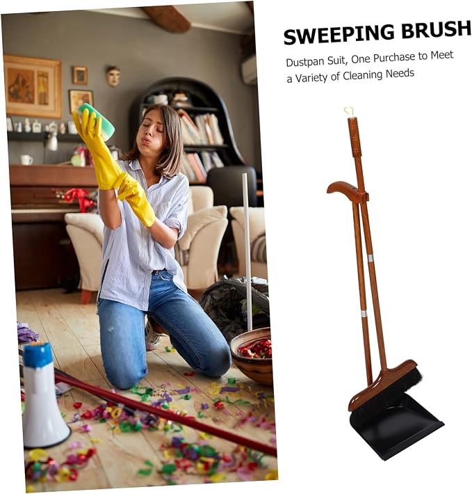 Redwood Horsehair Broom with Long Handle and Dustpan Set Cleaning for Indoor and Outdoor Use Pet Hair and Debris Collection