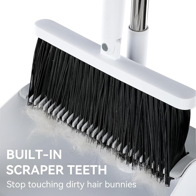MOPALL Broom with Dustpan Combo Set with 53" Extra Long Handle, Self-Cleaning Dustpan Teeth for Dog Cat Hair, 180° Swivel Brooms Head, Upright Standing for Sweeping Indoor, Includes 2 Broom Heads