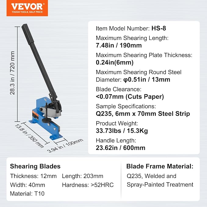 VEVOR Hand Plate Shear 8", Manual Metal Cutter Cutting Thickness1/4 Inch Thick Max, Metal Steel Frame Snip Machine Benchtop 7/16 Inch Rod, for Shear Carbon Steel Plates and Bars , Blue