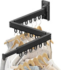 Wall Mounted Foldable Clothes Drying Rack, Heavy Duty 3-Fold Laundry Airer with Ring Hook Design, Space Saving Aluminum Rack for Balcony Bathroom Laundry Room,Black Rings
