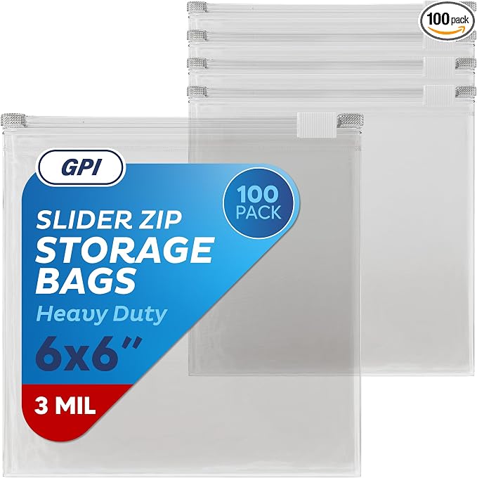 100 Count - Slider Zip Food Storage Bags, 6" x 6" (1 Pint) 3 Mil Heavy Duty, Strong & Durable for Freezer Storage, for Food, Snacks & More. GPI