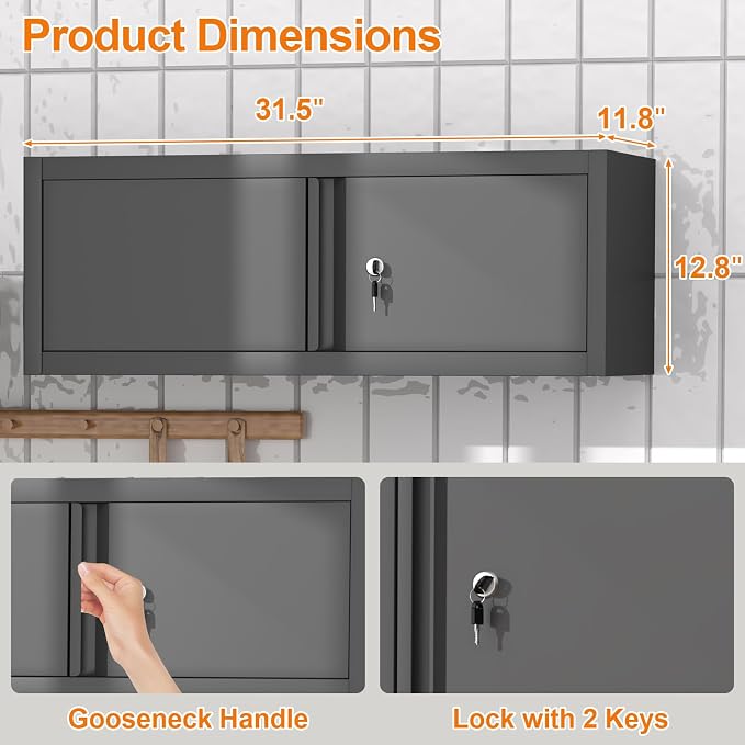 GREATMEET Metal Wall Cabinet with Lock and Doors (Black, 13" H) | Garage Storage Cabinet, Wall Mount Cabinets for RV, Shop