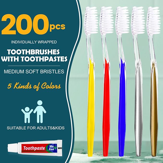 Navona 200 PCS Disposable Toothbrush with Toothpaste Bulk, Travel Toothpaste, Bulk Toothpastes, Individually Wrapped Bulk Toothbrush, Ergonomics Handle,Medium Soft Bristle, Perfect for Travel, Hotel