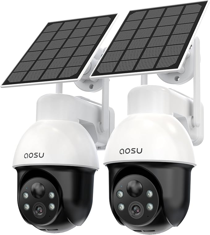 aosu 3K/5MP Solar Security Cameras System Wireless Outdoor, Battery Powered WiFi Camera for Home Security, Panoramic PTZ, Auto Tracking, Human/Vehicle Detection, Color Night Vision (2 Pack)