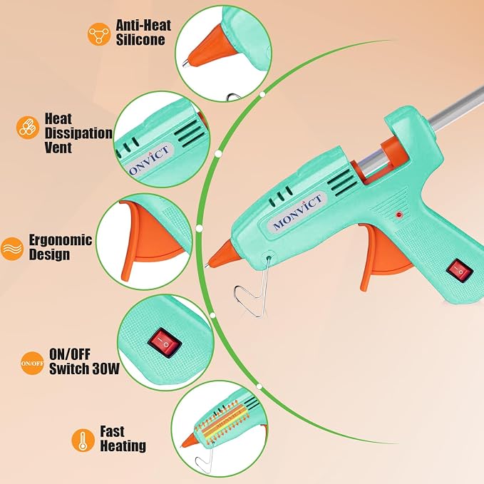 MONVICT Mini Hot Glue Gun Kit with Carrying Case,20 Pcs Premium Glue Stick | 10 Pcs Wood Craft sticks, Fast Preheating Hot Melt Glue Gun for School Crafts DIY Arts Gift (Cyan, 30Watts)