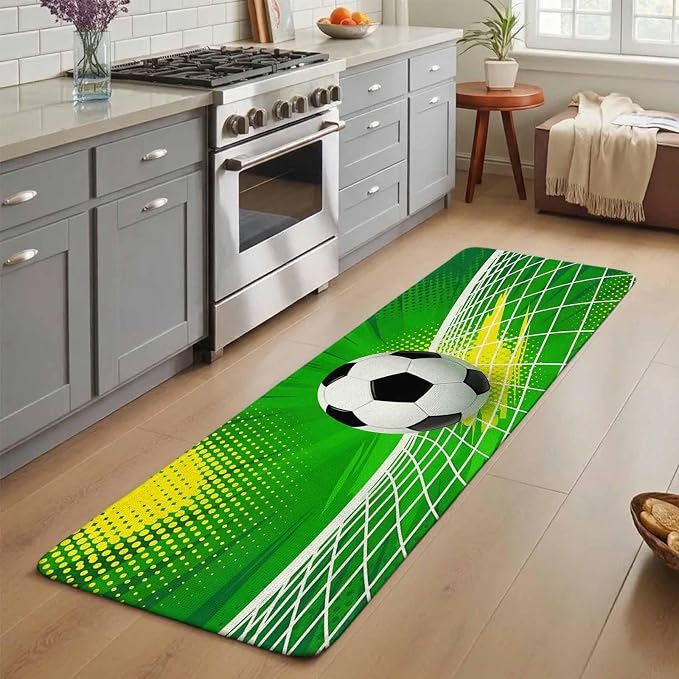 Green Football Bathroom Runner Rugs Non Slip Washable Absorbent Narrow Long Bath Mat Soccer Ball Goal Net Vibrant Runner Rugs for Kitchen Hallway Bedroom Laundry Study Room 31.5"x78.7"