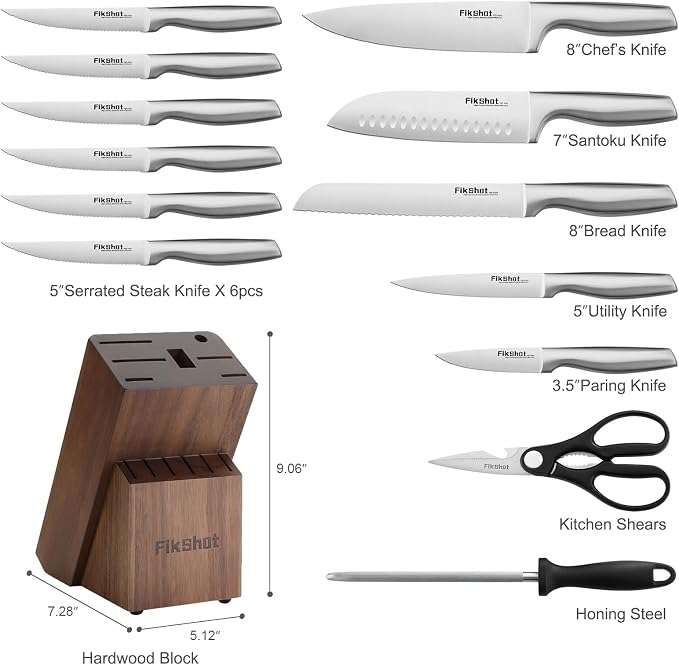 FIKSHOT 14 Pieces Knife Block Set German Stainless Steel with Sharpener | Razor-Sharp Santoku Knives, Fruit & Kitchen Knives, Rust Resistant for Homecooks, BBQ Prep (Silver + Walnut)