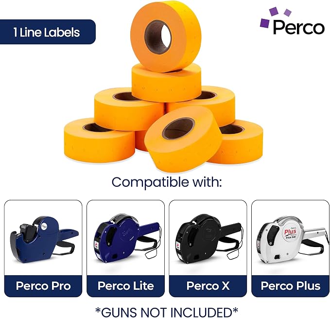 Perco 1 Line Fluorescent Orange Labels - 32,000 Blank Price and Date Gun Labels for Perco Lite, X, Plus and Pro 1 Line Price and Date Guns - 32 Rolls, 4 Sleeves - Made in USA