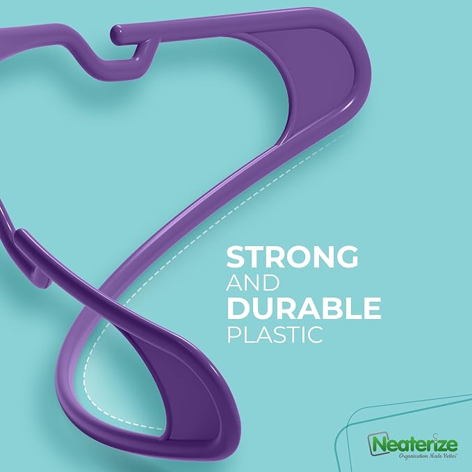 NEATERIZE Clothes Hangers Plastic 100 Pack for Adults - Plastic Hangers, The Perfect Coat Hanger and Space Saving Clothes Hangers for Closet - Purple Hangers