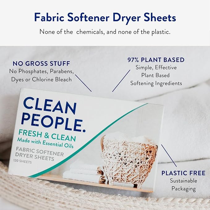 The Clean People Fabric Softener Sheets - Dryer Sheets - Softens & Removes Static Cling - Vegan Laundry Softener With Essential Oils - Fresh Scent, 240 Pack